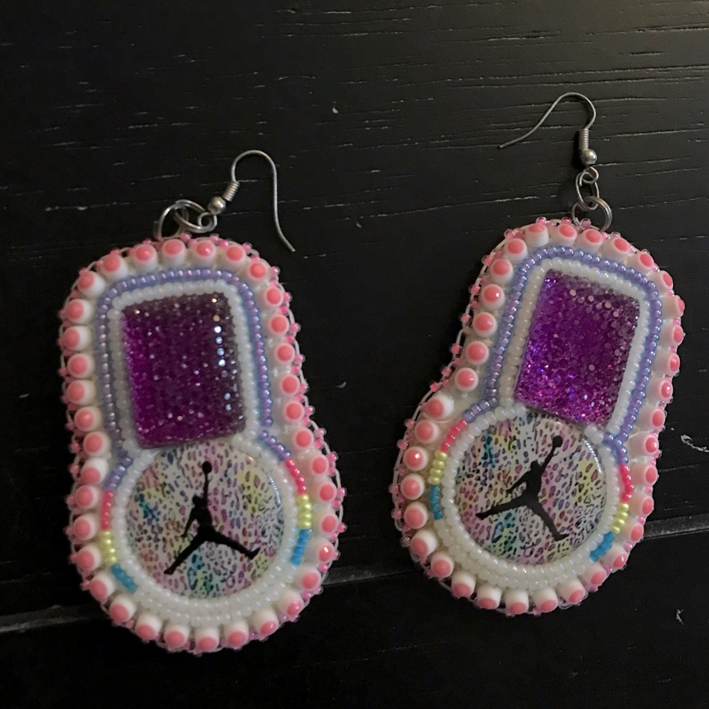 Native American pink and purple hand-beaded Jordan earrings